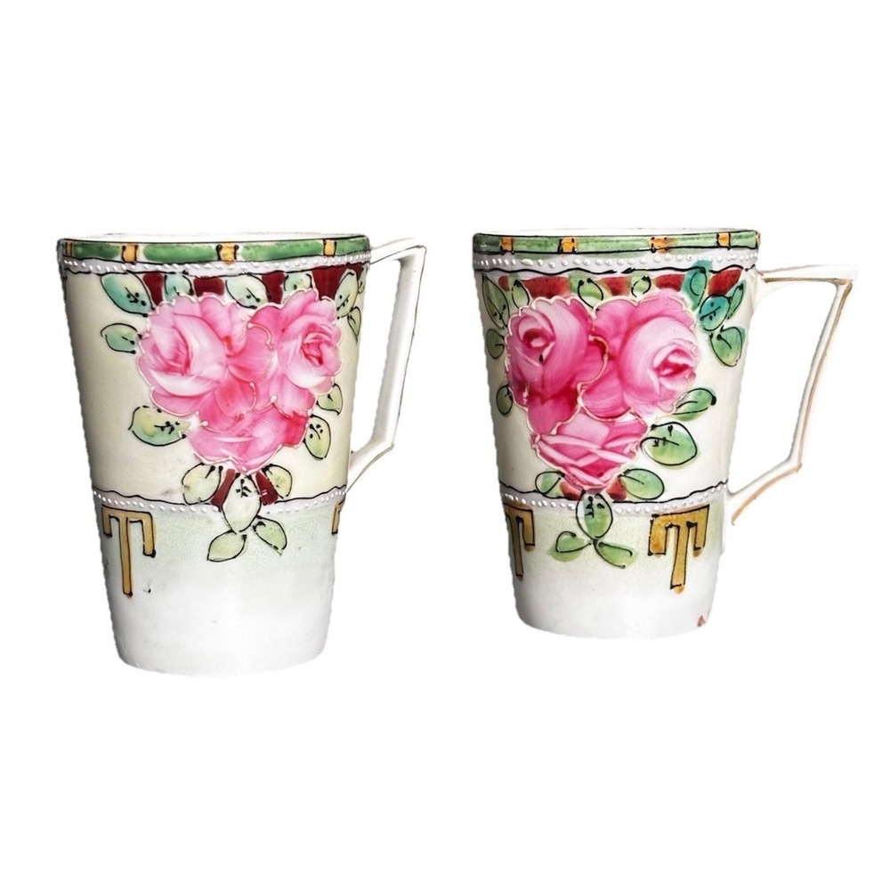 Nippon Hand Painted Floral Mugs Pink Rose Design Porcelain Collectible Drinkware